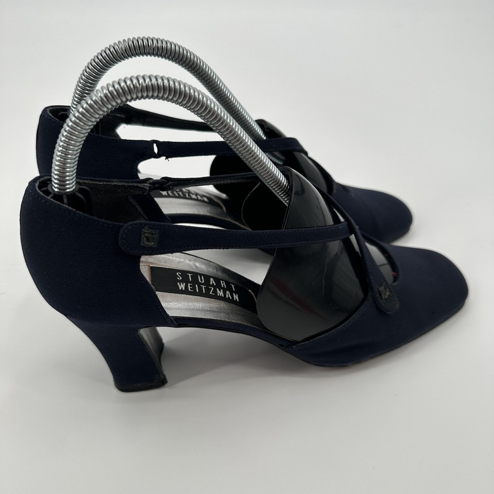 Stuart Weitzman Shoes Womens Size 9.5 Navy Mary Jane Heels Pumps Square Toe - Picture 4 of 8